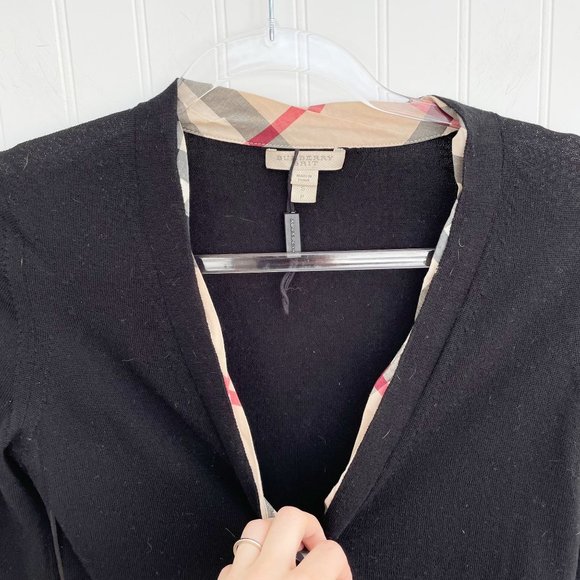 Burberry Checked-Trim Nova Merino Wool Cardigan Black Size Small - Picture 10 of 14